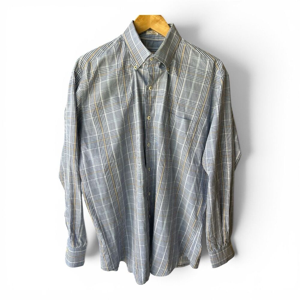 Peter Millar Mens Large Gray Glen Plaid Button Down Shirt Cotton Long Sleeve L